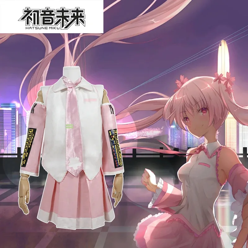 アニメ初心者向け未来桜ボーカロイドミクピンクミディドレスコスプレコスチュームガールスカートウィッグユニフォーム女性カーニバルパーティードレスアップ