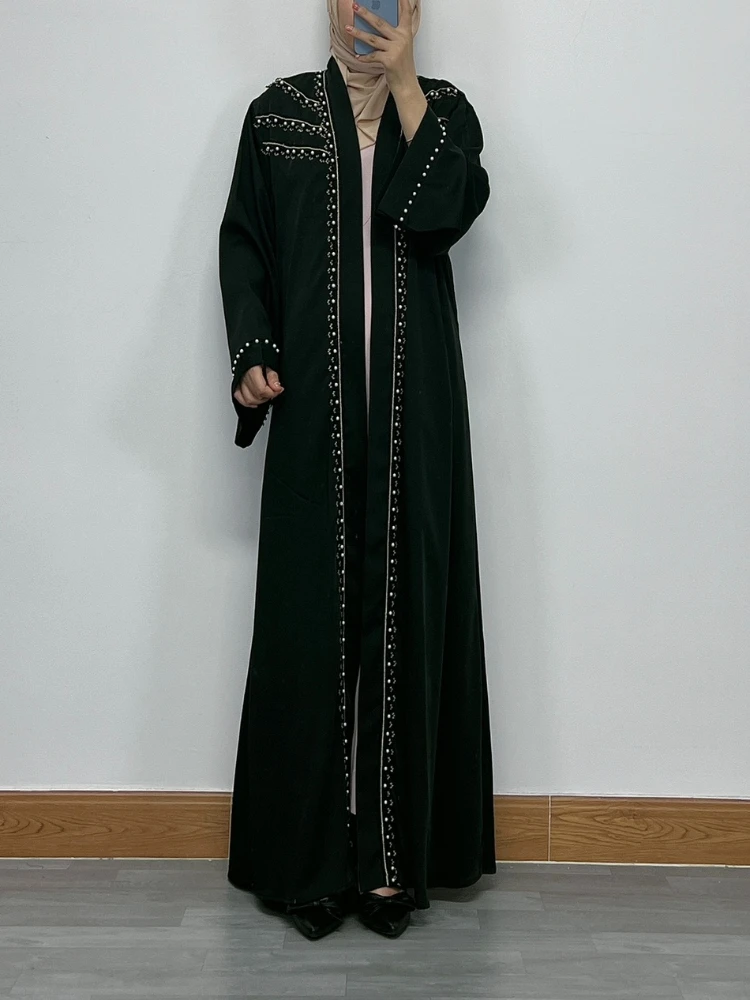 Women Eid Muslim Abaya Ramadan Morocco Dubai Cardigan Pearls Abayas Kaftan Vestidos Arab Modest Long Robe Beading Loose Belt