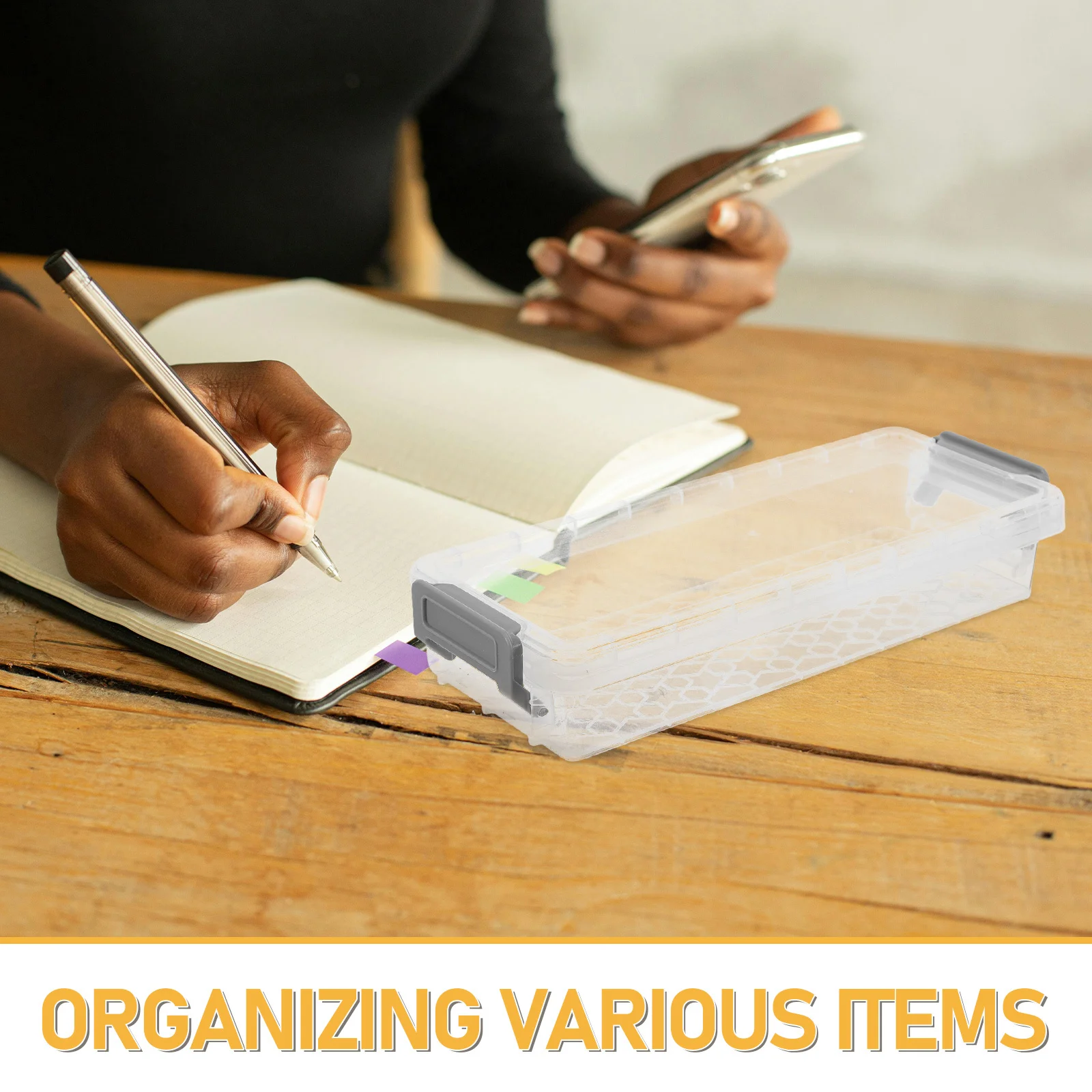 Clear Desktop Storage Box with Lid Transparent Organizer Pencil Stationery Snack Holder Office School Pen Storage