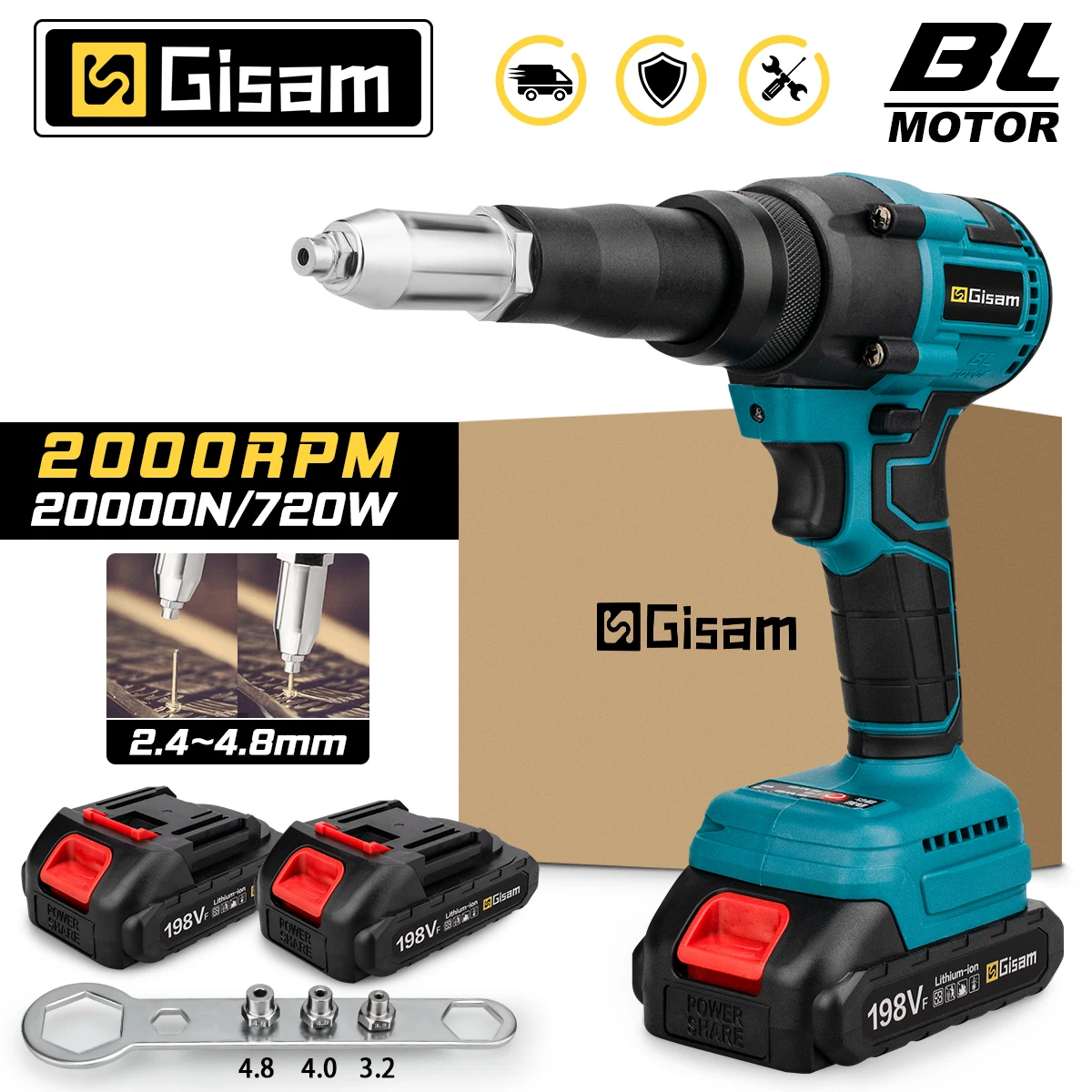 20000N 720W Brushless Electric Rivet Gun 2.4~4.8mm Cordless Rivet Nut Gun Drill Insert Power Tools For Makita 18V Battery 리벳건