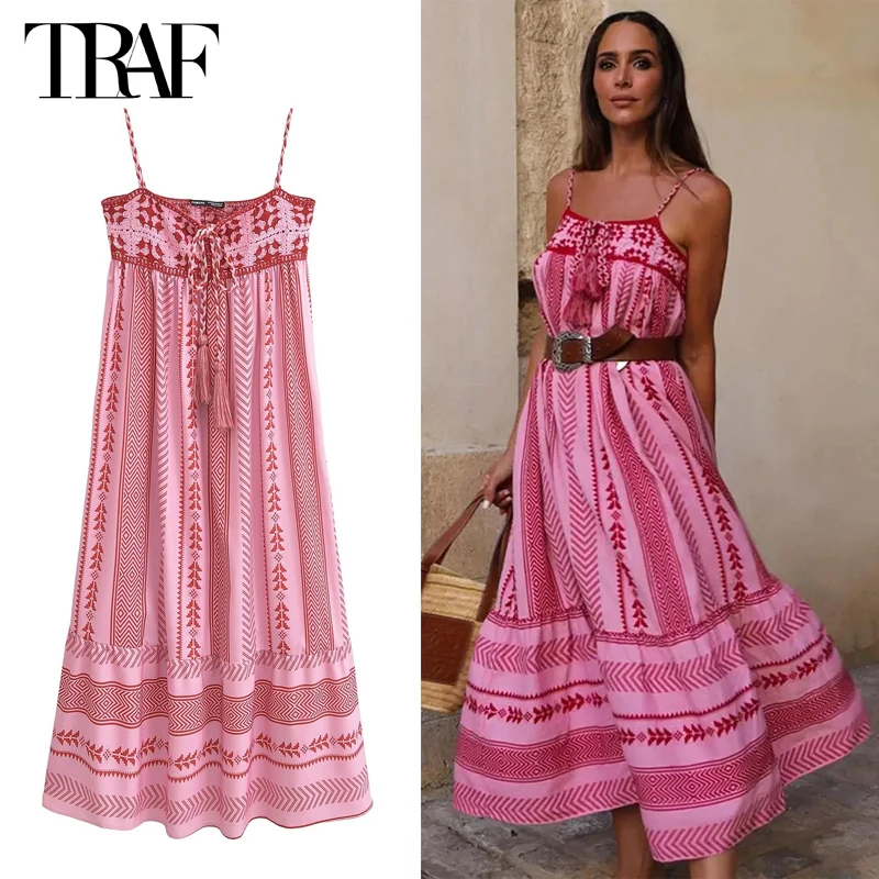 TRAF 2024 Embroidery Long Dresses for Women Boho Slip Maxi Dress Woman Summer Backless Dress Women Tassel Beach Female Dress