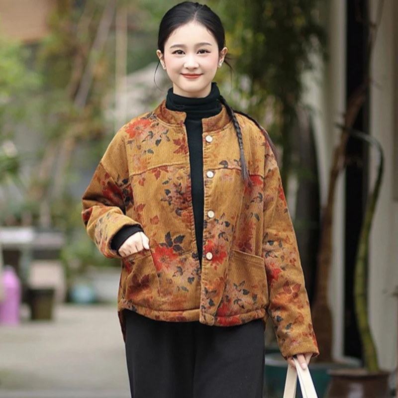 

Women Thick Warm Casual Jackets New Arrival 2025 Autumn Vintage Style Stand Collar Floral Print Female Corduroy Coats M2068
