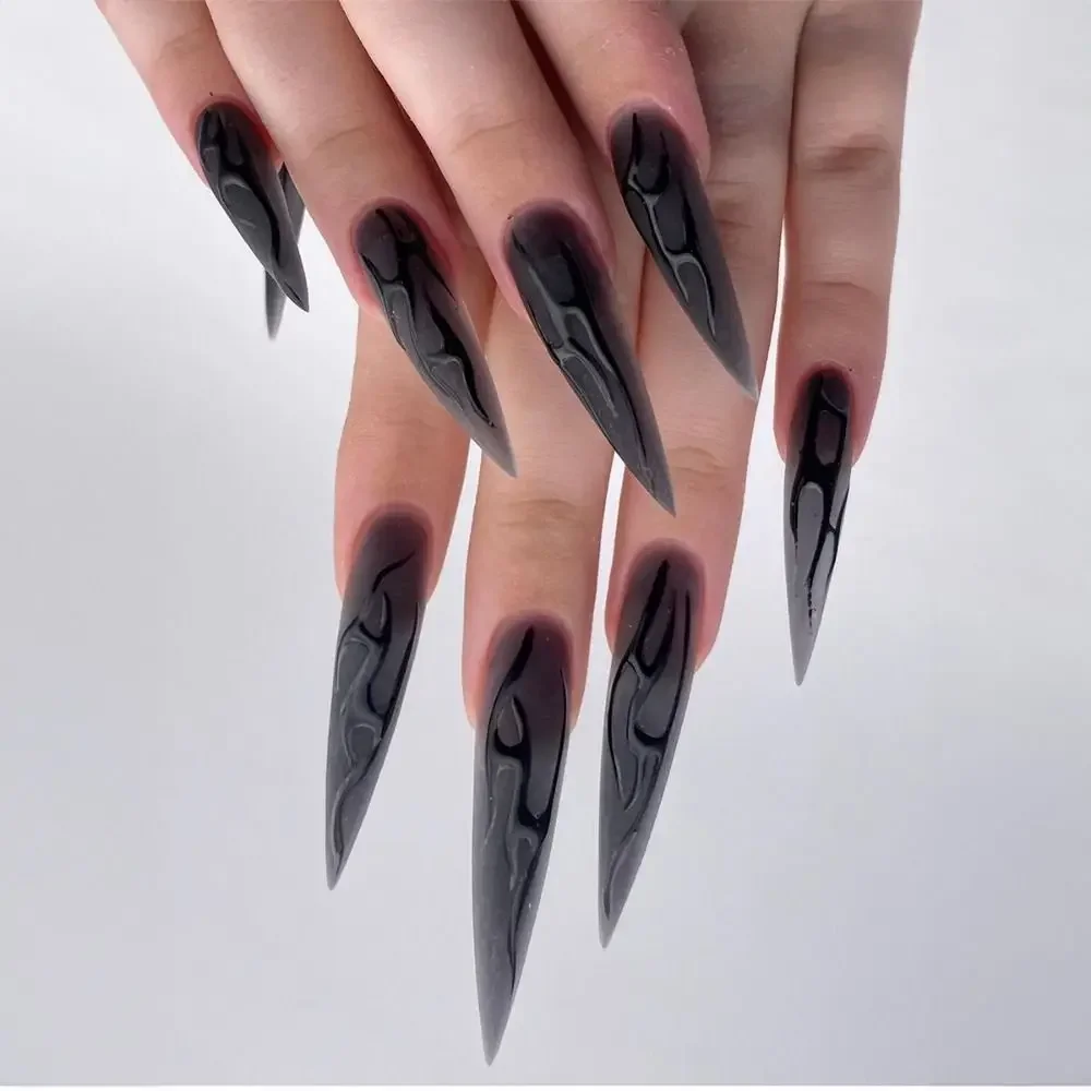 New Long Stiletto False Nails Mechanical Silver Black Vine French Nail Tips Detachable Full Cover Press on Nails DIY