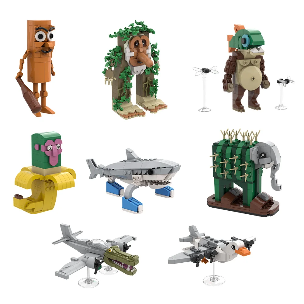 MOC Die AI Gehirn Verfallende Tiere Bausteine Modell Holz stick shark lange nase affe elefant Ziegel Spielzeug Kinder Geschenk