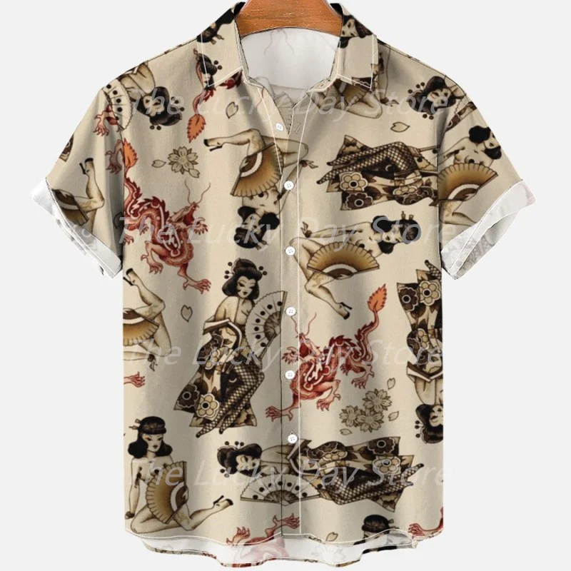 Summer Men\'s Social Casual Vintage Floral Hawaiian Oversize Short Sleeve Shirt Street Luxury Dragon Pattern Element Clothing Hot