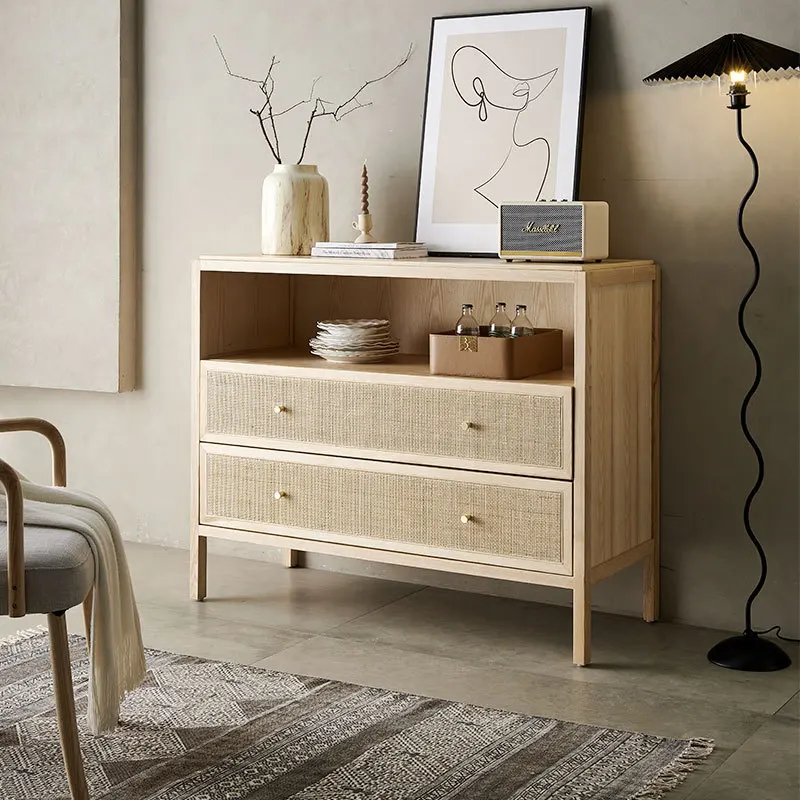 

Nordic retro drawer, bucket cabinet, wabi-**** wind solid wood rattan locker, homestay home double siding cabinet, entrance cabi
