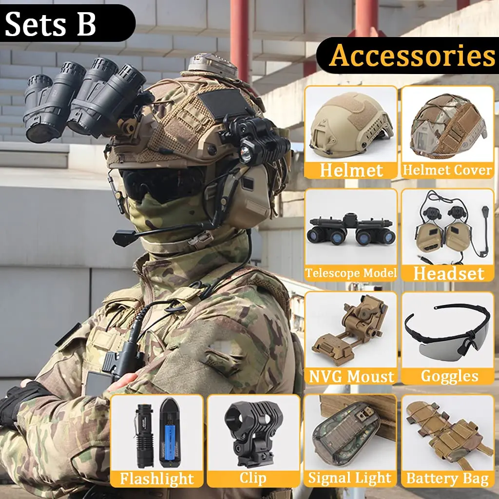 Tactical Fast Helmet Set with GPNVG-18 NVG Model, Comtac Headset, Flashlight & Signal Light for Airsoft Paintball Wargames