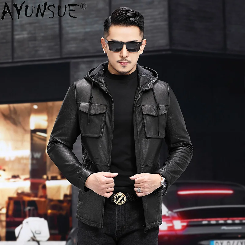 

Real Leather Jackets for Men Casual Hooded Jacket Top Layer Oil Wax Sheepskin Coat Mid-length Jaqueta