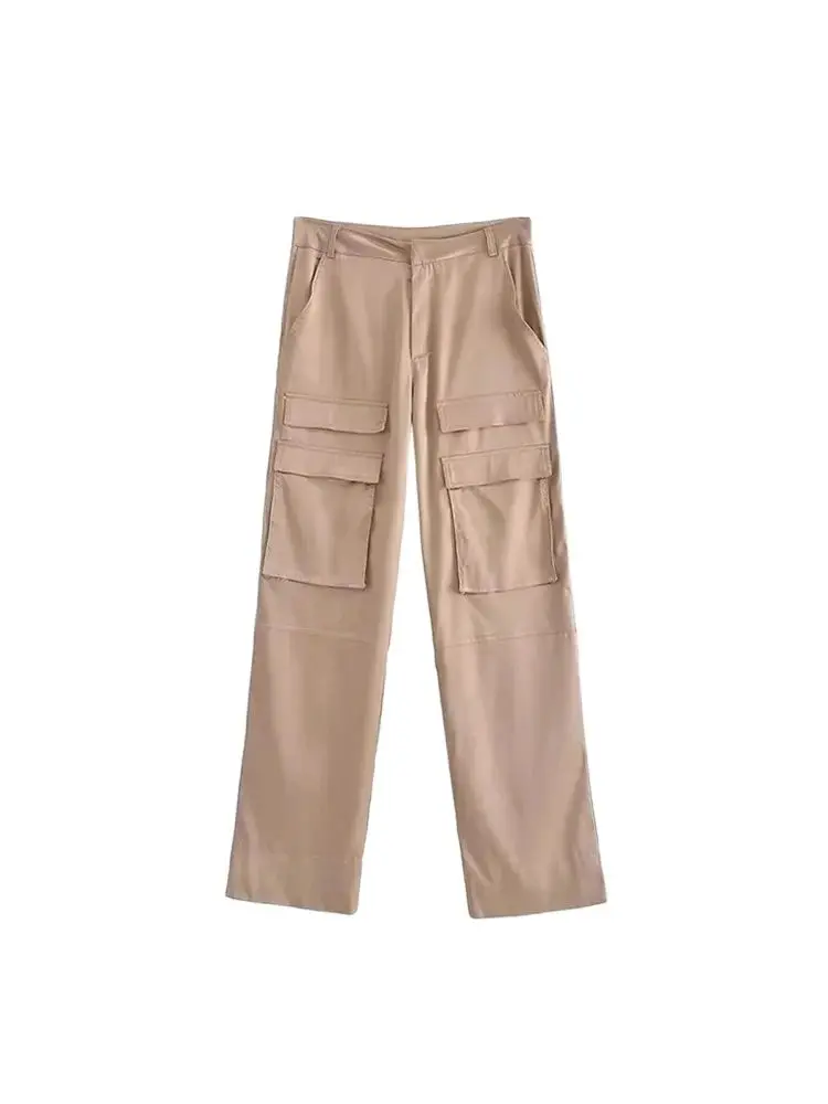 TRZA Women Fashion With Pockets Satin Cargo Pants Vintage High Waist Zipper Fly Female Trousers Mujer image 2