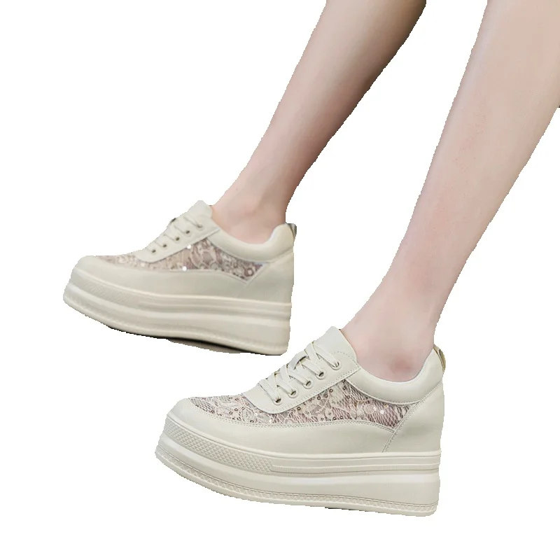 Spring Summer Women's Shoes New Style Hidden Wedge White Sneakers High Heels Breathable Mesh Thick Sole Platform Single Shoes Mesh Shoes Board Shoes_voghion.com