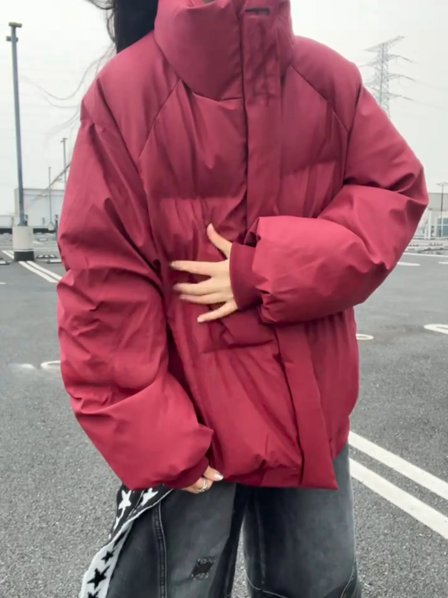 Red Wine Color Stand Collar Hard Leather ort Cotton Jaet Men's Winter Thi Warm Bread Sle Cleanfit American Coat