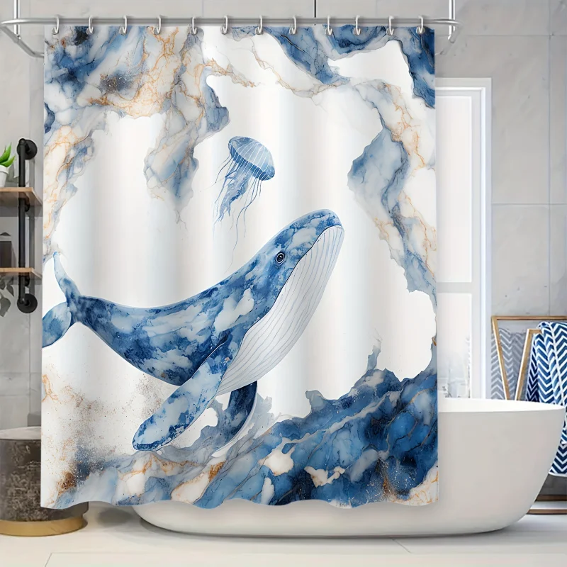 Whale and Jellyfish Ocean Theme Shower Curtain Set, Water-Resistant Fashion Bathroom Partition with 12 Eyelets, Unlined Polyeste