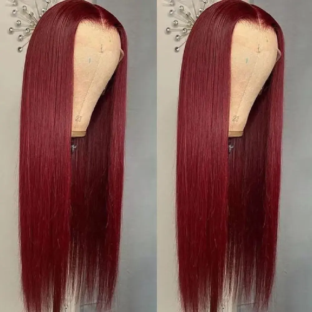 

34 Inch 99J Colored 13x4 Lace Front Glueless Human Hair Red Wigs Straight Burgundy 200% Density Transparent Lace Front Wig