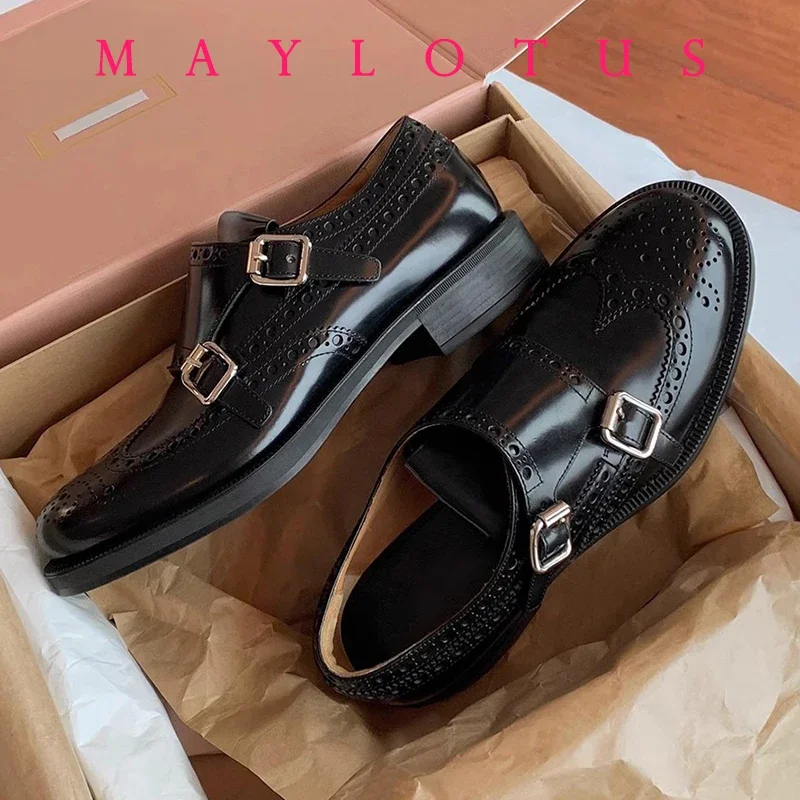 British Style Genuine Leather Loafers Women Shoes New Exquisite Handmade Carved Shoes Baroque Thick Heels Single Shoes