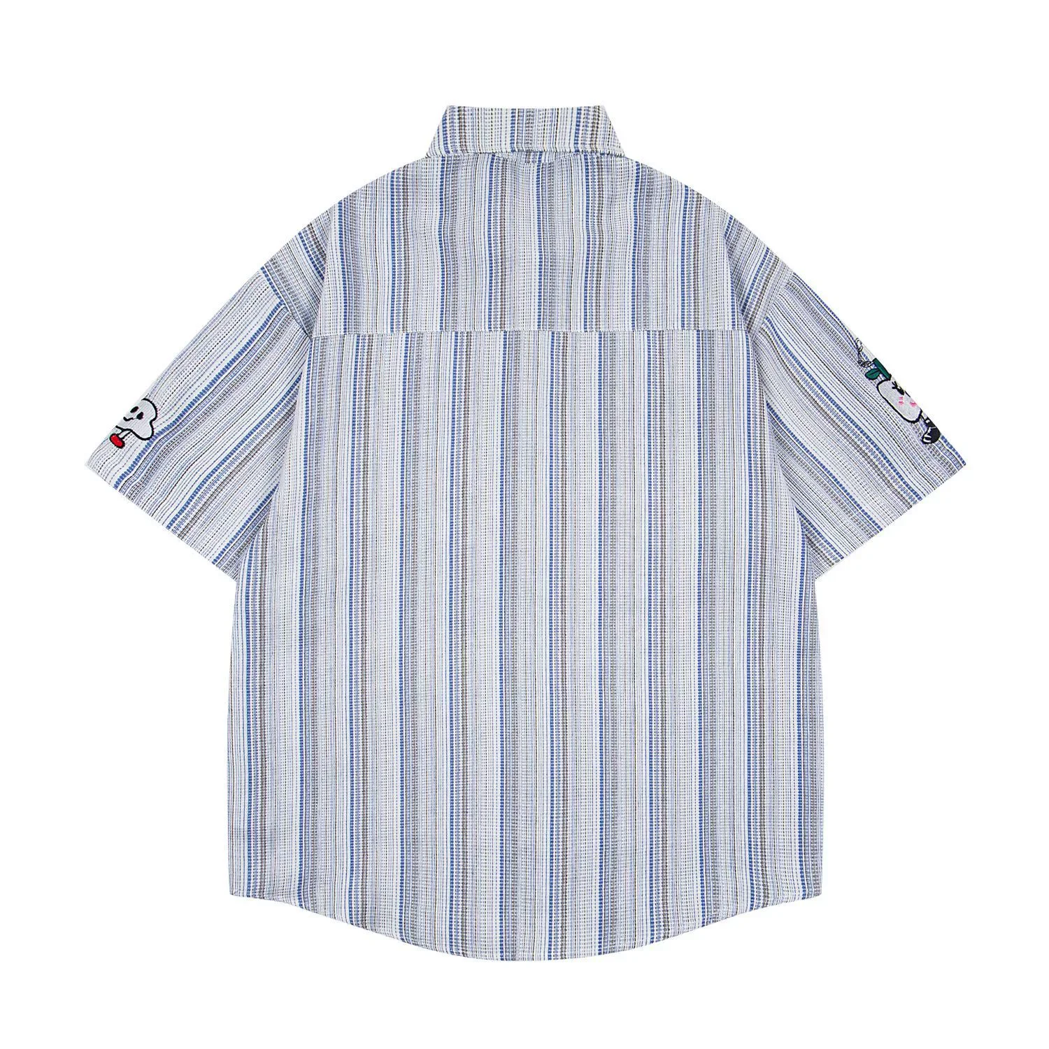 Retro Striped Short Sleeve Shirts Mens Cartoon Embroidery Summer Casual Loose Lapel Single Breasted Curved Hem Cotton Shirts Man