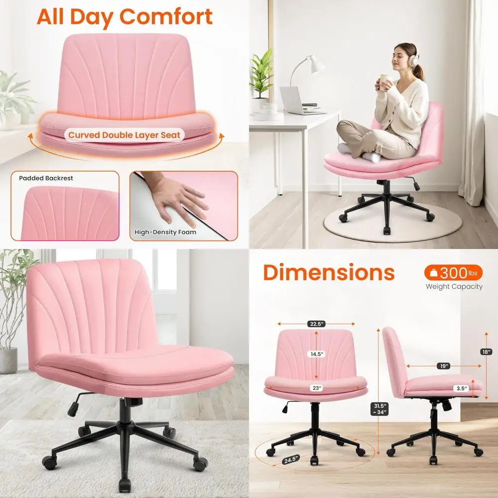 

Мягкое поворотное офисное кресло на колесиках, с широким сиденьем, двойным основанием, регулируемой высотой, кожаное, без подлокотников, для домашнего офиса (розовое)