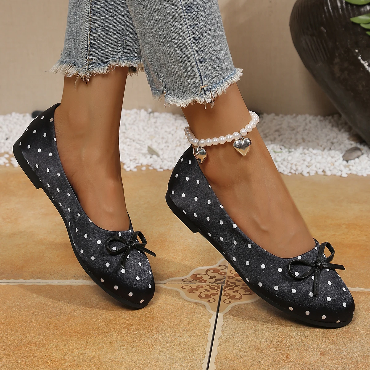 Damen-Ballerinas mit Polka-Dot-Muster und Schleife, runde Zehenpartie, Slip-On, lässige flache Schuhe – Detail 25