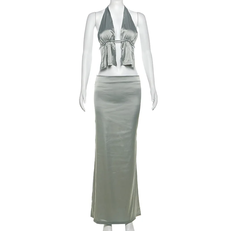 2024 Summer Elegant Vacation Beach 2 Piece Set Women Sexy Backless Hollow Out Cropped Tops High Waist Long Skirt Street Clubwear
