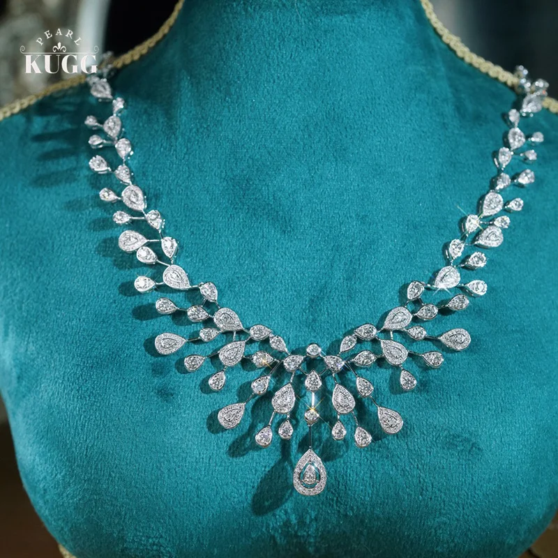 KUGG 100% 18K White Gold Necklace Luxury Vintage Style 6.80carat Real Natural Diamond Necklace for Women High Party Jewelry