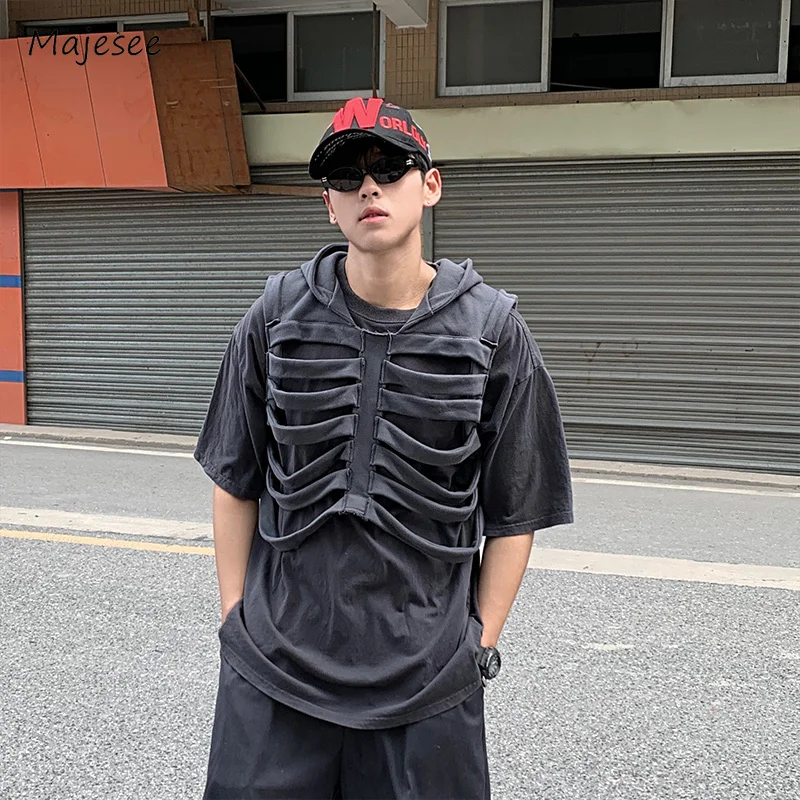 Short Vest Men Casual Fashion High Street Hooded Summer All-match Sleeveless Hip-hop American Style Teenagers Chic Simple Soft