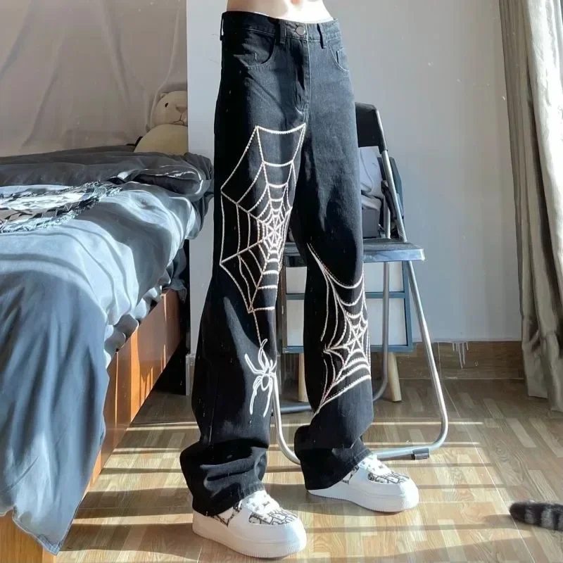 Korean Hiphop Streetwear Women Jeans Spring New Straight Pants Y2K Vintage Loose Oversize Print Casual Wide Leg Trousers