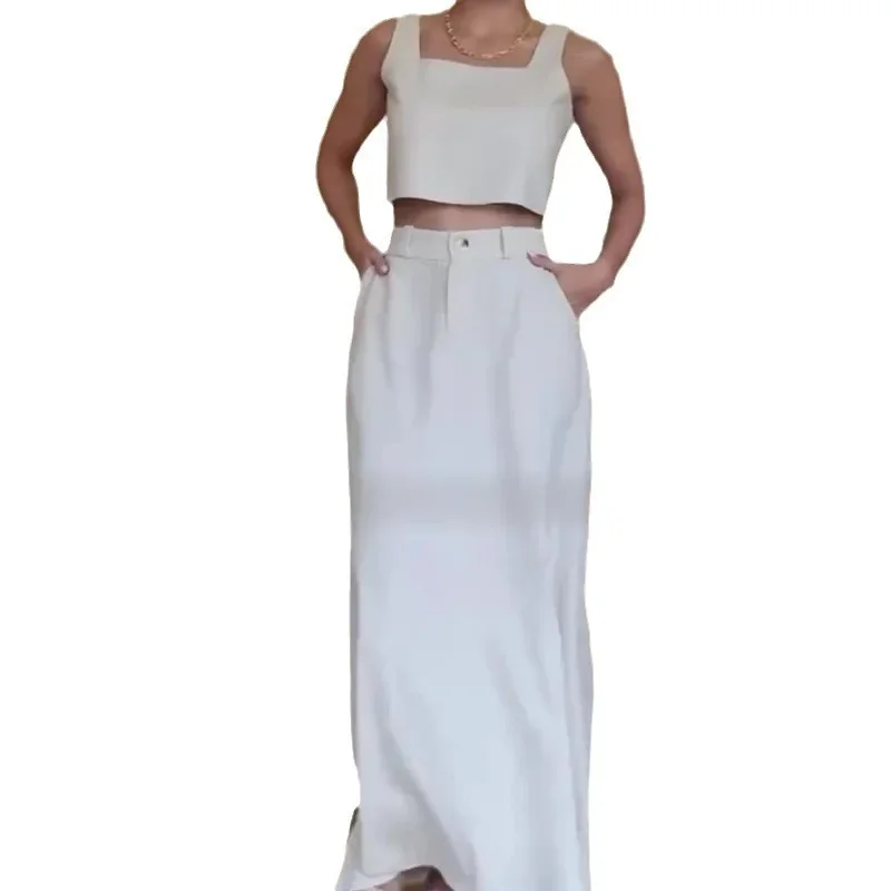 Elegant Dress Sets Women White Pile Skirt Off Shoulder Crop Top Sleeveless Trousers Two Piece Set Work Summer Top Matching Sets