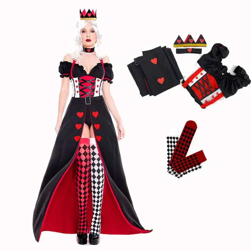 Women's Party Hearts Poker Queen Costume Adult Role Play Royal Queen Of Hearts Elegant Dress Up Prom Long Party Dress 2025