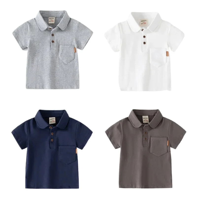 Summer Boys' Short Sleeve T-shirt Solid Color Kids' Polo Shirt Stylish Breathable Cotton, Available for Ages 3-8, 4 Colors