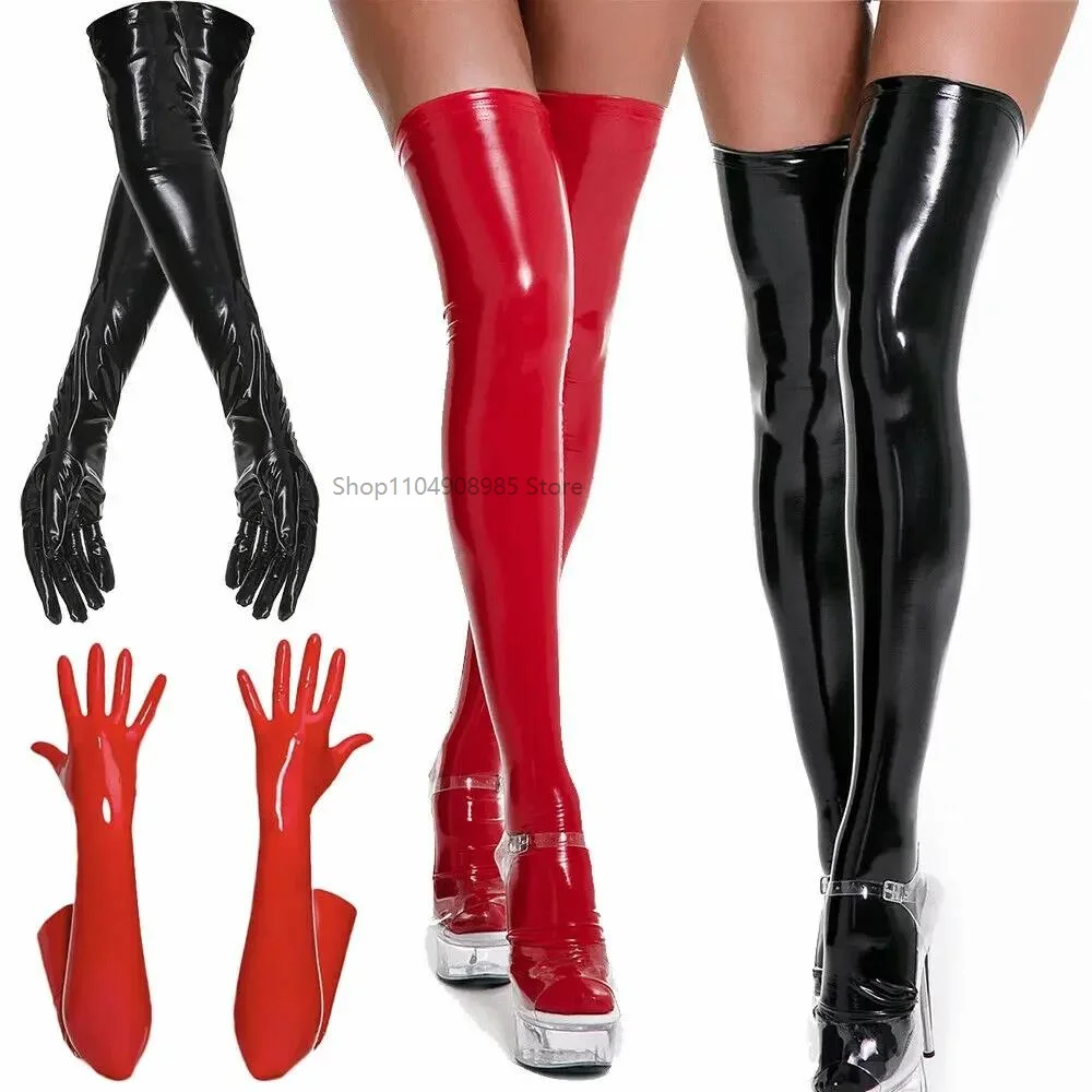 

Women PU Leather Wetlook Shiny High Stockings Mittens Long Leather Gloves Disco Party Dance Clubwear Cosplay Costumes Red Black