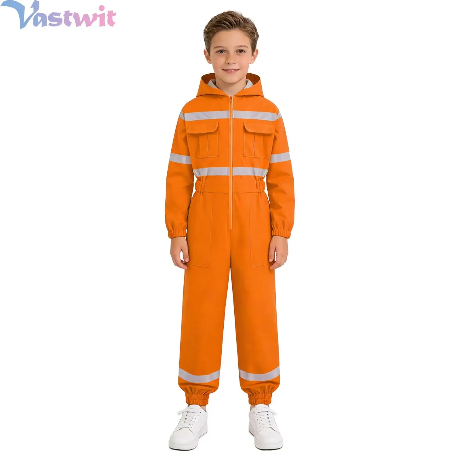 Children Hooded Coverall with Pockets Boys Girls Construction Worker Role Play Halloween Costume Hooded Reflective Jumpsuit