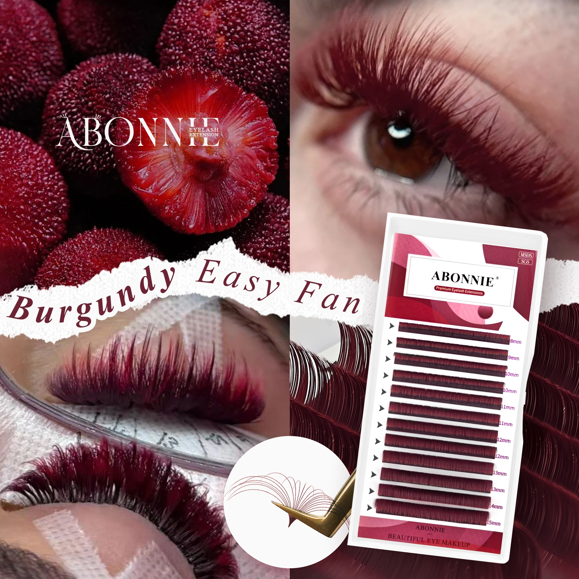 ABONNIE Wine Red Easy Fanning Eyelash Extensions Soft Blooming Burgundy Volume Auto Fan Lash Extension Trays