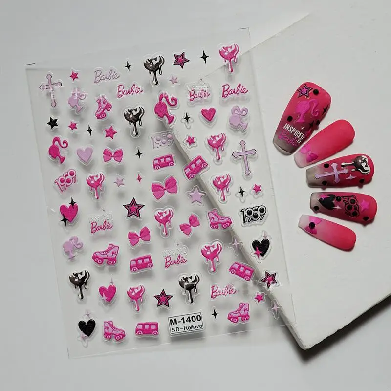 Barbie 5D Relief Nail Sticker Cute Cartoon Pink Sweetheart Barbie Nail Stickers Bow stars Princess Women's Products Girls Gifts