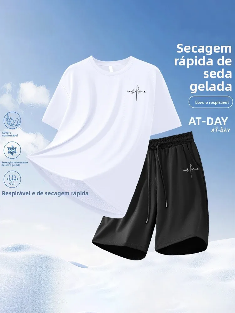 ウォリアーホワイトアイスシルク速乾フィットネス半袖tシャツショーツセット-メンズ-夏-カジュアルスポーツ-ユース-ポリエステル繊維