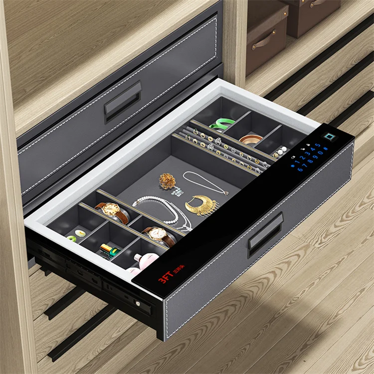 Smart Biometric Fingerprint Drawer Box Hidden Embedded Leather Safe for Wardrobe Home Office Jewelry Security Storage Cabinet