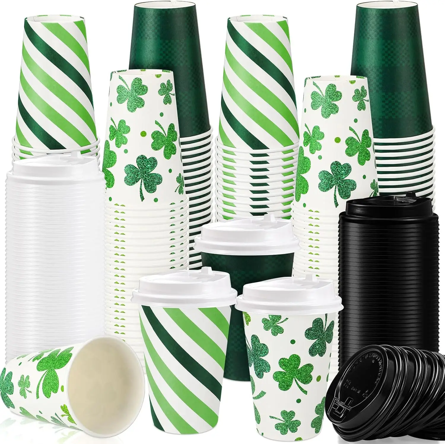 

120 Pcs 12 oz St. Patrick's Day Disposable Coffee Cups with Lids Bulk Green Shamrock Clover Paper Cup for Hot Chocolate