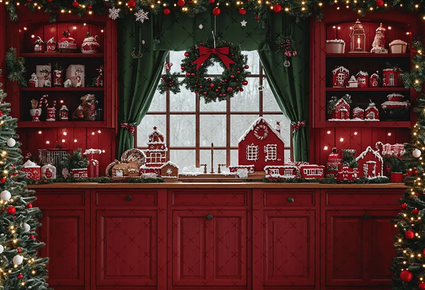 Mehofond التصوير خلفية الشتاء عيد الميلاد الأحمر نافذة المطبخ شجرة عيد الميلاد الاطفال الأسرة صورة ديكور خلفية استوديو الصور