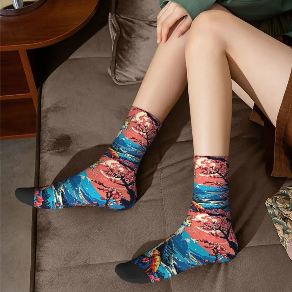 Ilustrasi Kucing Di Bawah Bunga Sakura Saat Matahari Terbenam Kaus Kaki Harajuku Stoking Berkualitas Tinggi Kaus Kaki Panjang Sepanjang Musim untuk Pria Wanita