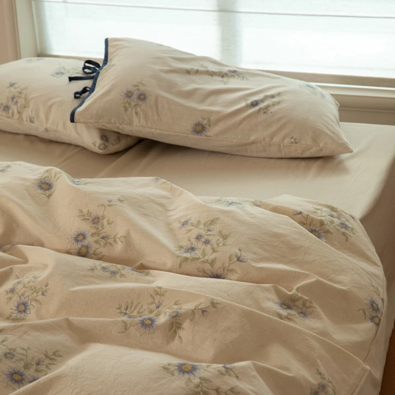 Vintage French Flowers Prints 100% Cotton Soft Bedding Set Duvet Cover Set Flat/Fitted Bed Sheet Lace-Up Pillowcases 4Pcs