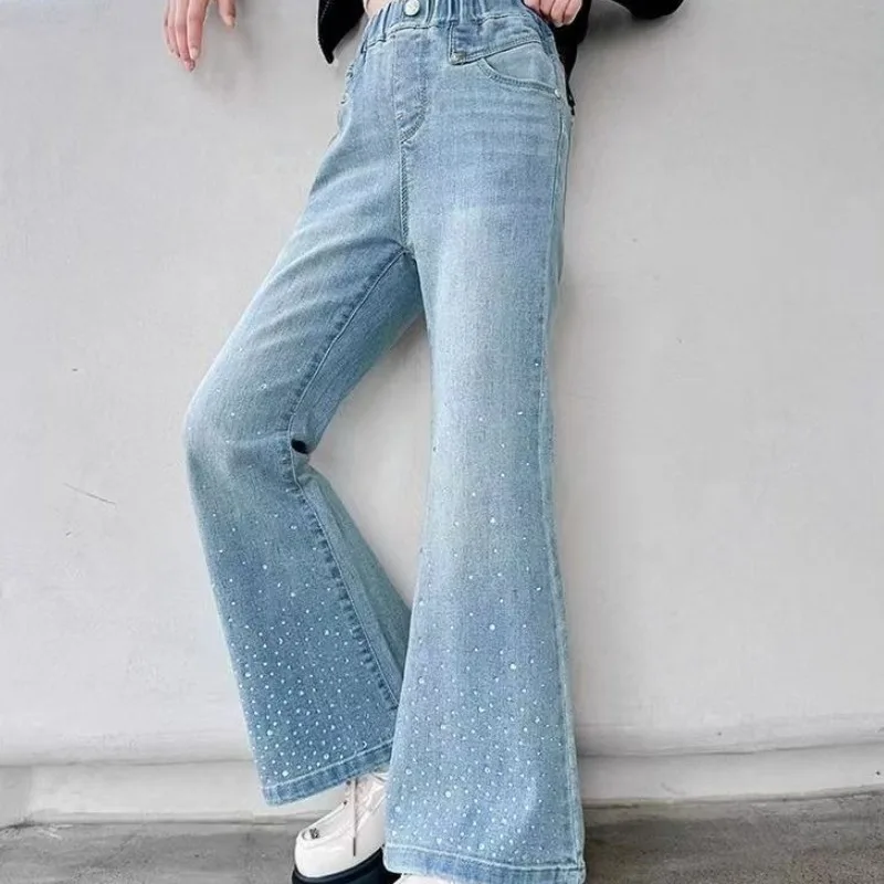 

Стильные детские джинсы-клеш, весна-осень 202, облегающие джинсы с эластичной резинкой на талии для девочек 8–14 лет