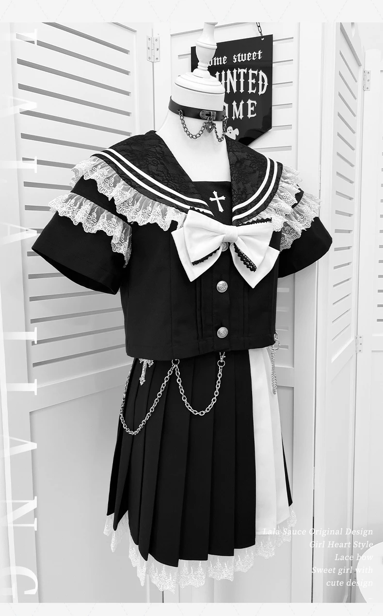 ญี่ปุ่นMineกระโปรง + ชิ้นชุดSubculture Black GothicสาวหวานCool Lolitaชุดลูกไม้Navy Collar Topชุดกระโปรง
