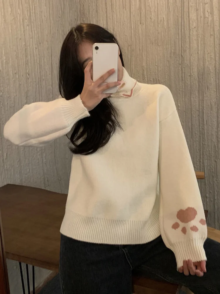 KOSAHIKI Kawaii Knitted Sweaters Turtleneck Cat Pullover Women Japanese Sweet Cartoon Jumpers Knitwear Autumn Winter Pullovers