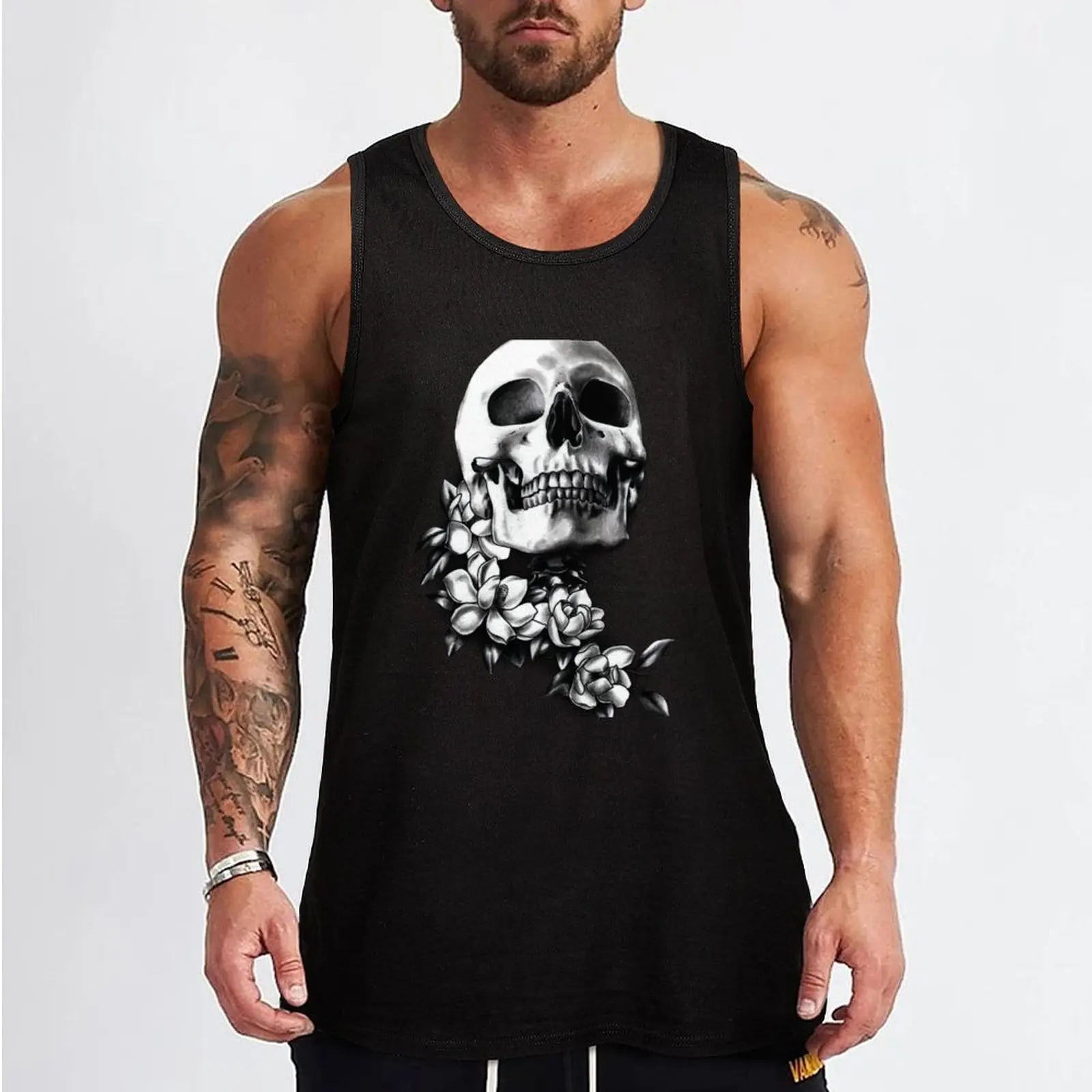 Skull & Magnolia Flowers B&W Tank Top sports t-shirts for men muscle t-shirt gym t-shirts