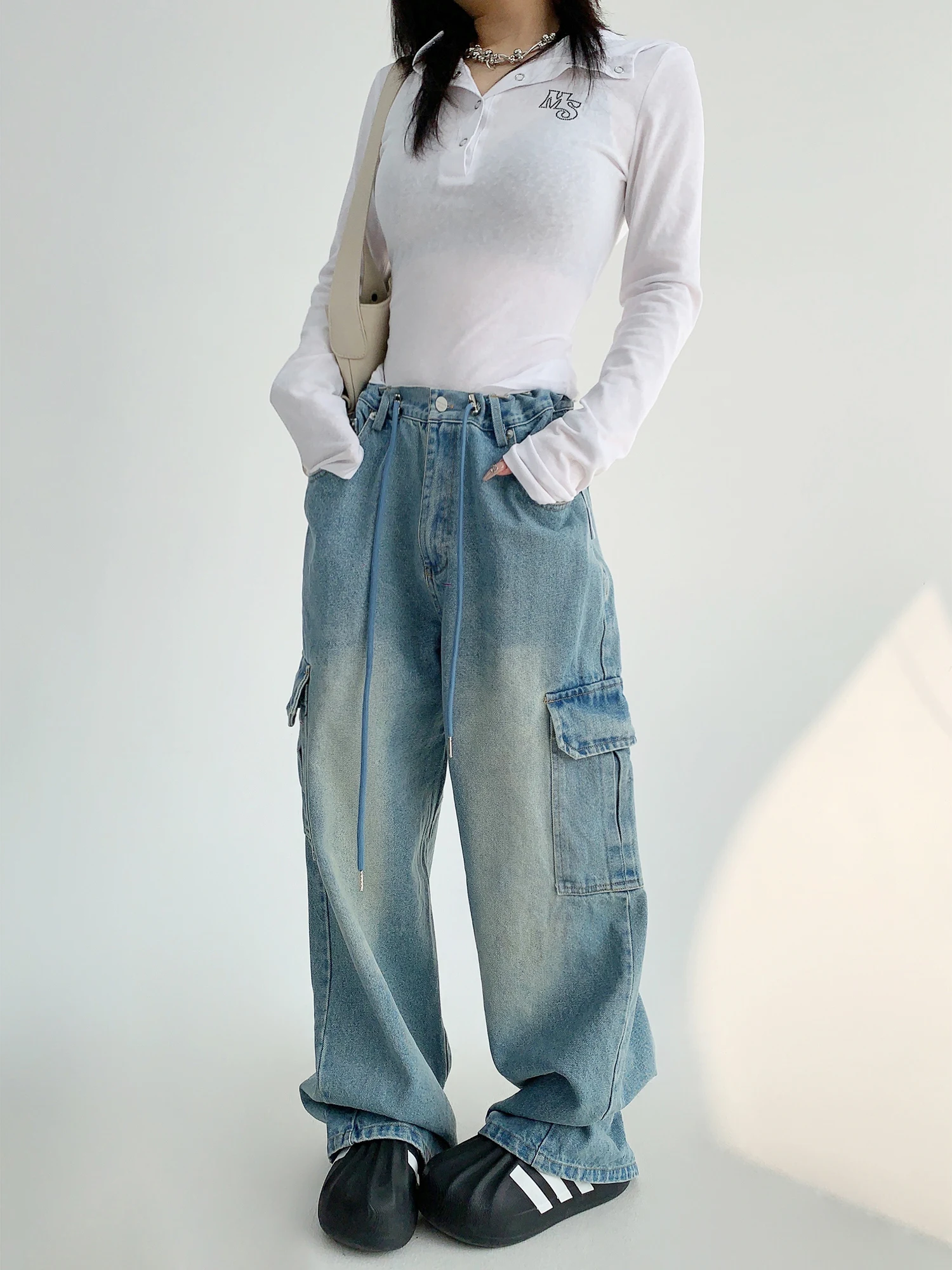 

Свободные широкие джинсовые джинсы, женские прямые повседневные длинные брюки в американском стиле с завышенной талией, модные свободные брюки с талией