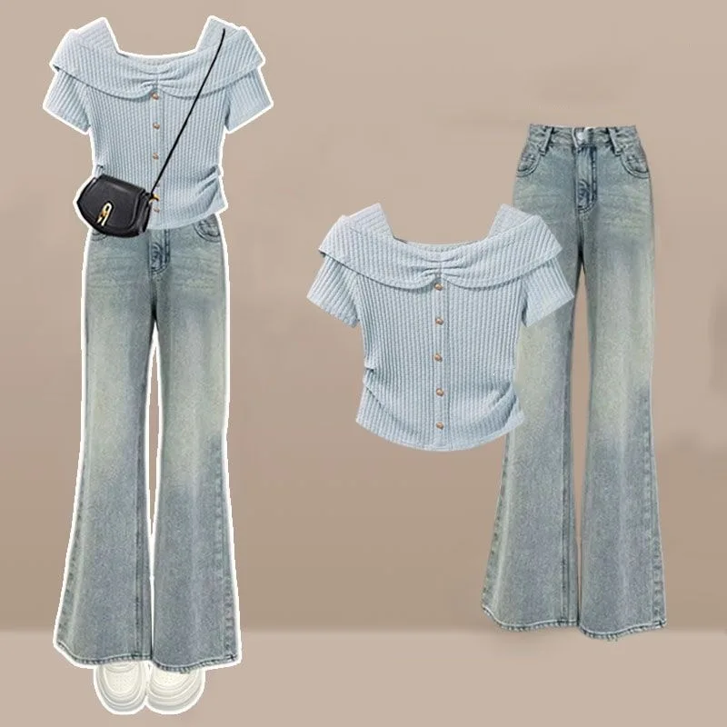 

Женские летние милые синие тонкие футболки 2025 года, джинсовые брюки, комплект из 1 или двух предметов, женские повседневные топы с короткими рукавами «Джокер», джинсовая одежда