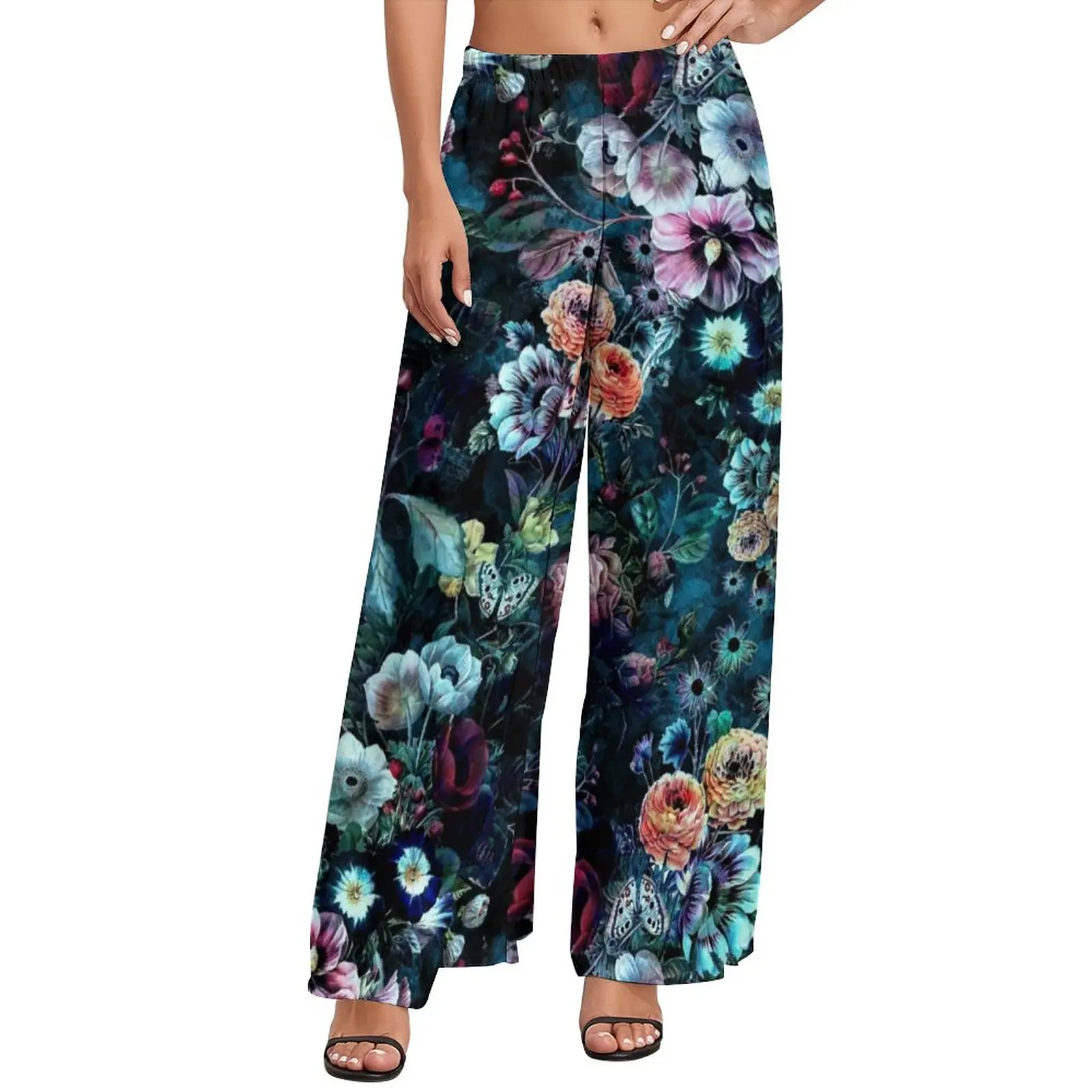 Floral Pattern Pants Women Night Garden Vintage Aesthetic Pattern Trousers Summer Elastic Waist Oversized Trendy Wide Pants Gift