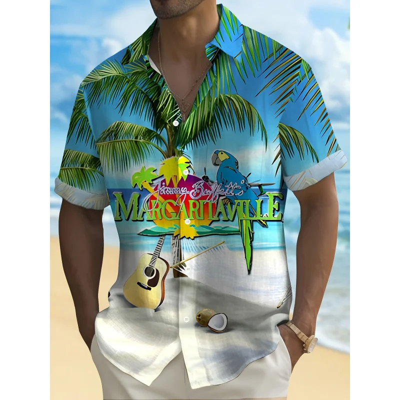 

Beach And Letter 3D Graphic Print Men's Fashion Short Sleeve Lapel Hawaiian Shirt, Summer Holiday Top