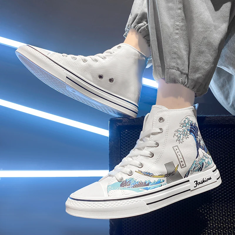 HKDQ New Autumn High Top Men\'s Canvas Shoes Fashion Print White Men Vulcanization Shoes Non-slip Male Casual Skateboard Sneakers