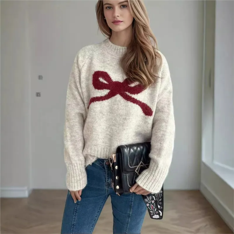 

Женский повседневный теплый вязаный топ 2025, новая мода, свободный свитер с круглым вырезом и длинными рукавами, осенне-зимняя одежда для поездок на работу