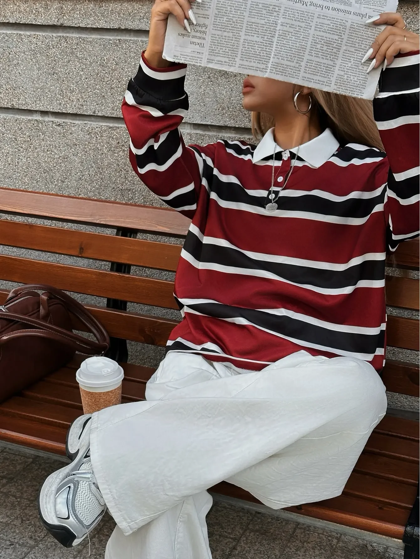 Teen Girls Relaxed Collared Rugby Shirt Y2K 90s Grunge Skater Aesthetic Full Sleeve Jersey Blouse Burgundy Black White Horizontal Stripes Contrast Lapel Half Button Placket Banded Cuffs Loose Shape For Autumn College Campus Thanksgiving Present