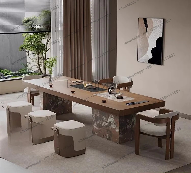 New Chinese tea table large slab, modern light luxury multi-functional tea table office new style